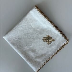 Embroidered White Linen Napkin with Gold Trim